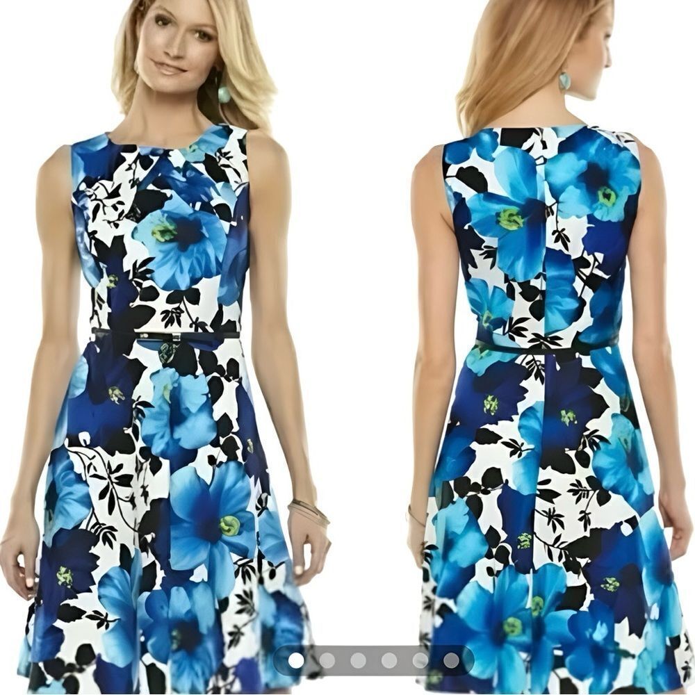 AB Studio Blue Floral Fit-and-Flare Dress Hibiscus Hawaiian Floral